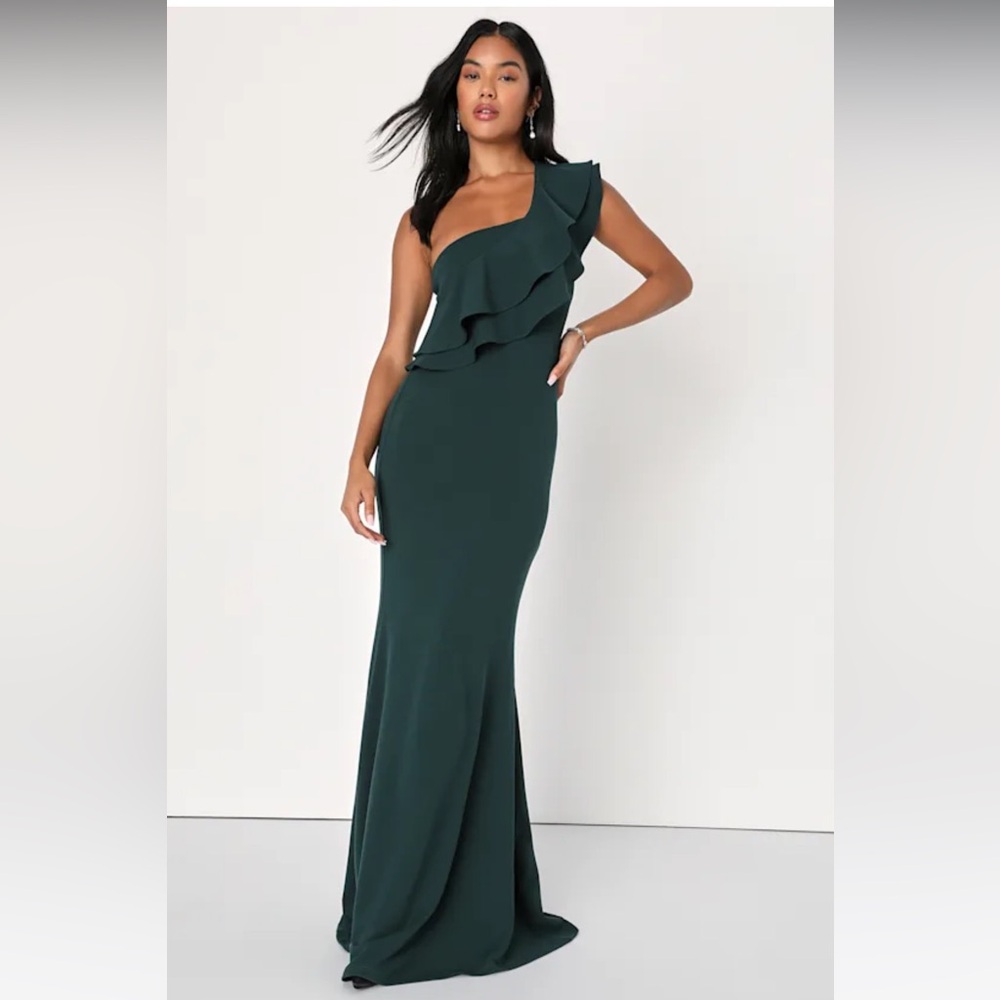 Grand Beauty Emerald Ruffled One-Shoulder Mermaid Maxi Dress XS